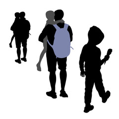 Vector silhouettes of people on white background. Silhouette of boy in a hood with ice cream in his hand. A man with backpack carries a preschooler in his arms, viewed from the back. White background