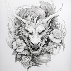 Black and white dragon surrounded by tattoo flowers on a white background