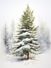 Watercolor illustration of Caucasian fir pine with snow winter. Christmas, Happy new year, Holiday,	
