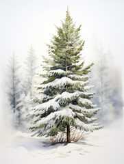 Fototapeta premium Watercolor illustration of Caucasian fir pine with snow winter. Christmas, Happy new year, Holiday, 