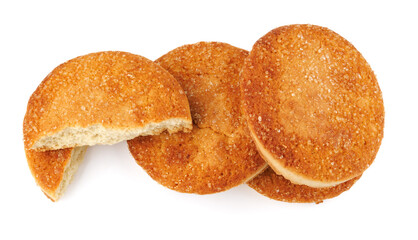 Beautiful round cookies isolated on a white background. Whole and broken cookies.