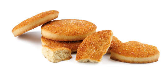 Beautiful round cookies isolated on a white background. Whole and broken cookies.