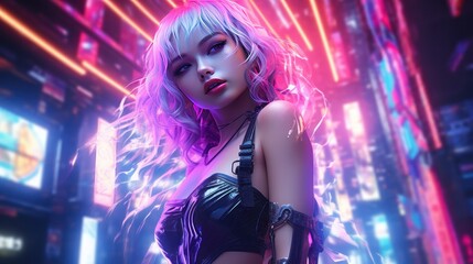 Futuristic cyberpunk woman with neon technology background AI generated image