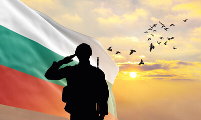 Silhouette of a soldier with the Bulgaria flag stands against the background of a sunset or...