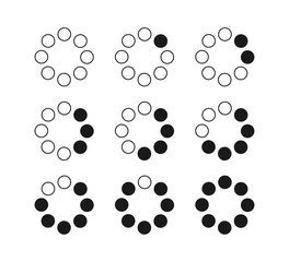 Circle dotted loading icon. Throbber icon. Progress round loader. Dotted progress time design element. Web download time symbol. Vector illustration isolated on the white background. Animation frames.