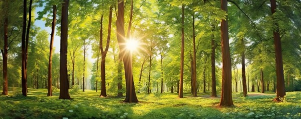 Forest sunrise. Captivating image transports into heart of nature. Light of morning sun bathes forest in warm and ethereal glow