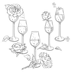 Ink: Set of Sparkling wine glass with a fresh open rose. Wedding 2024. A tender composition for cards coloring prints posters and textile printing. Suitable for birthdays and bachelorette. EPS 10