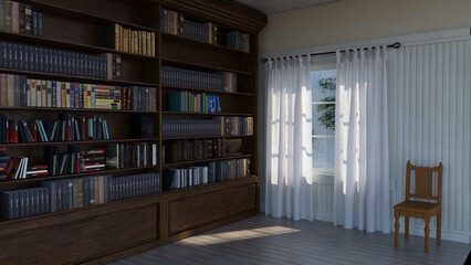 テレビ会議背景用 ZOOM会議背景用 CG 白い壁の部屋 白いカーテン 部屋 本棚 書棚 書斎 video conferencing