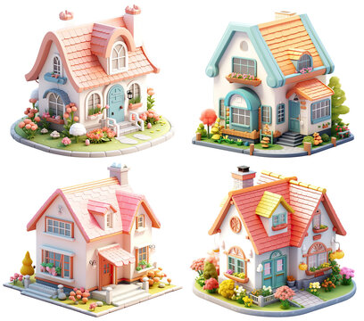 3D cartoon rendering super cute house isometric view, Isolated on transparent background 