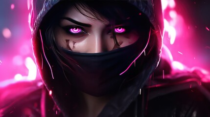 Mysterious ninja woman with flaming eyes cyberpunk style AI generated image