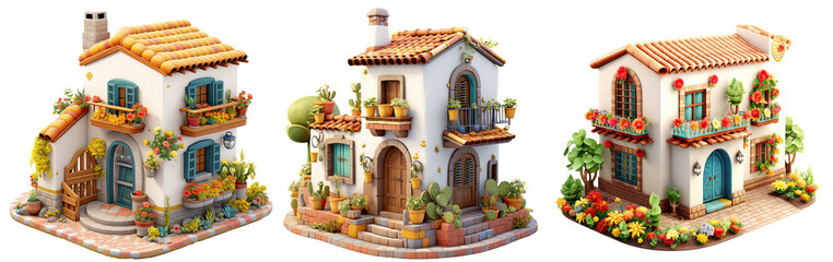 3D rendering super cute cartoon traditional mexican house, hacienda isometric view, Isolated on transparent background  - obrazy, fototapety, plakaty