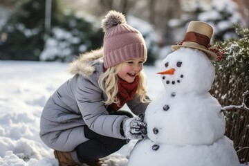 Laughing family building a snowman together in their backyard, creating cherished winter memories