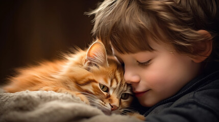 copy space, stockphoto, realistic, National Love Your Pet Day. Little boy hugging his cat. Peaceful scene. Love and friendship between an animal, cat and boy, owner.