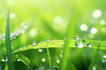 Green grass and leaves. Rain and dew. Summer or spring background.


