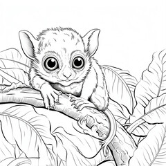 Philippine tarsier on a tree branch coloring page for kids. Sugar glider coloring page