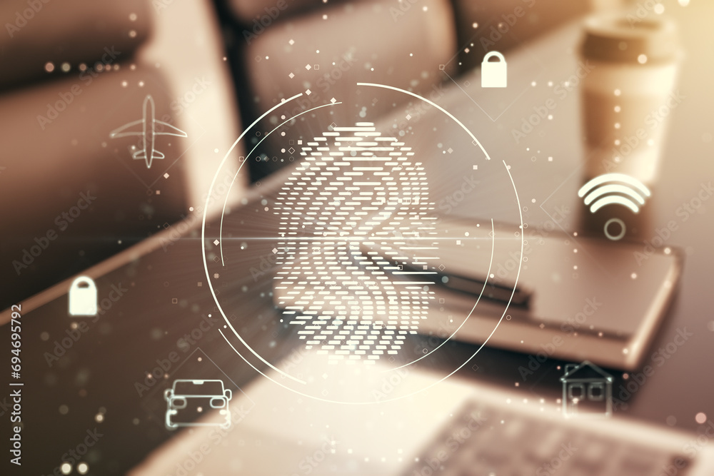 Aufkleber Multi exposure of abstract fingerprint scan interface on computer background, digital access concept