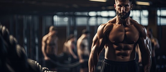 Fototapeta na wymiar Men using battle ropes in a functional fitness gym.