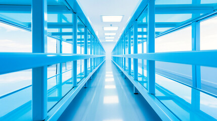 Infinite Perspective: A Serene Blue Corridor Stretching Endlessly Under a Bright Modern Sky