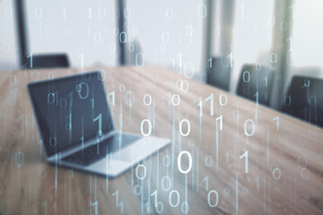 Creative concept of binary code illustration on modern laptop background. Big data and coding...