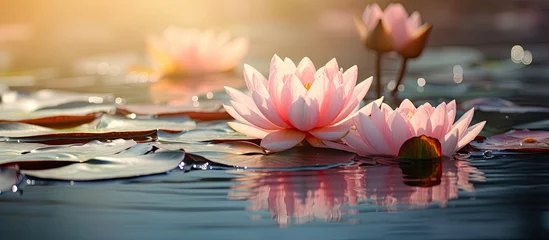 Foto auf Leinwand Lotus flower in water with sunlight, colored pink. © TheWaterMeloonProjec