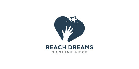 Reaching Star fun logo with love symbol, Online Learning logo design, Kids Dream logo, Reach Dreams logo, hand and love silhouette with star for reach dreams logo