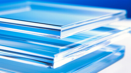 Layers of Transparent Glass Sheets Reflecting Serenity in a Crisp Cool Blue Ambiance