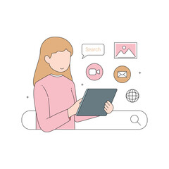 A woman looking for information through a magnifying glass with search engine. Hand drawn style vector design illustration
