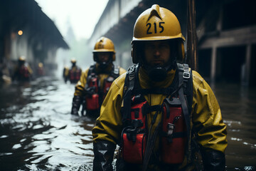 Fototapeta premium firefighters in action in flooded area