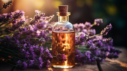 Obraz na płótnie Canvas Aromatic lavender oil in a bottle with lavender flowers