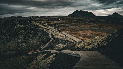 Stairs into volcanic crater  - obrazy, fototapety, plakaty
