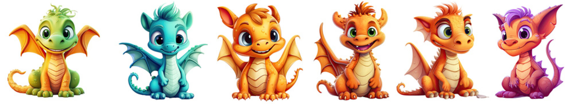 Cute cartoon baby dragon Cartoon character collection isolated on transparent background