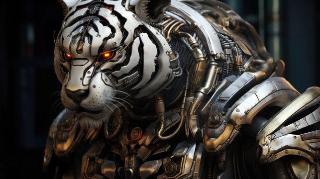 Cyberpunk robot tiger hunter robot AI generated image