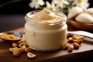 Obraz na płótnie Canvas Creamy Macadamia nut butter. Food paste. Generate Ai