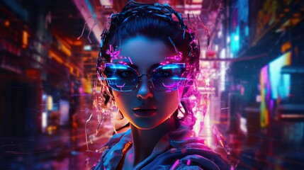 Cyberpunk modern woman style on neon background AI generated image