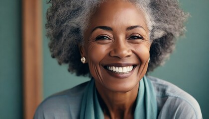 Beautiful gorgeous 50s mid age beautiful elderly senior model woman with grey hair laughing and smiling. - obrazy, fototapety, plakaty