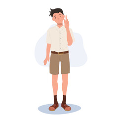 Happy Thai Student in Uniform Doing Peace hand Gesture. Positivity