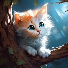 Cute little kitten on a tree in the forest. Vector illustration.