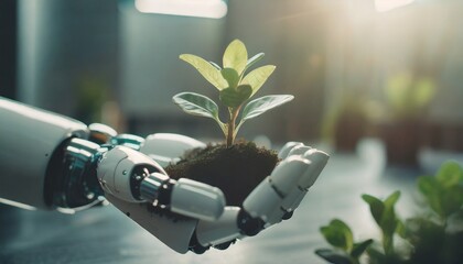 Environmental technology concept. Robot hand holding small plants