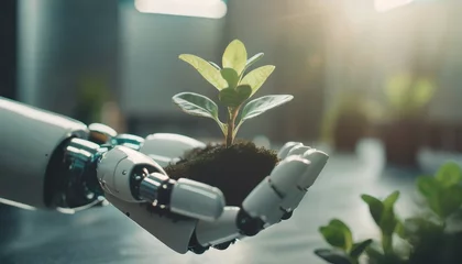Foto op Plexiglas Environmental technology concept. Robot hand holding small plants © Marko