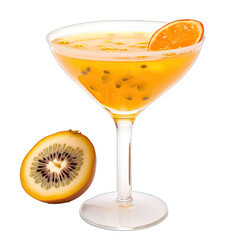 Porn Star Martini in a Martini Glass a Bright Orange With a Passion Fruit Half Garnish.. Isolated on a Transparent Background. Cutout PNG.