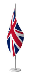 United Kingdom flag on flagpole for registration of solemn event, meeting foreign guests. National banner of United Kingdom. PNG image on transparent back
