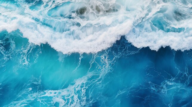 An elevated perspective capturing the undulating beauty of ocean waves against a backdrop of deep blue waters. The photograph features dramatic colors, creating a visually striking composition