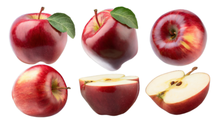  Red apple apples, many angles and view side top sliced halved cut isolated on transparent background cutout 