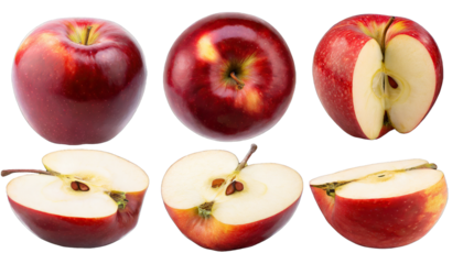  Red apple apples, many angles and view side top sliced halved cut isolated on transparent background cutout 