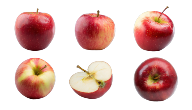  Red apple apples, many angles and view side top sliced halved cut isolated on transparent background cutout 