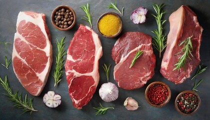  Set of different raw steaks, top view