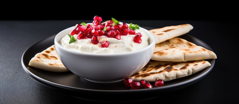Middle Eastern dip made with goat's milk yogurt called labneh, served with taftan bread and pomegranate.