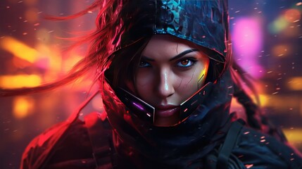 Futuristic ninja cyberpunk asian woman AI generated image
