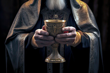 Image generated with AI. Front view of a priest lifting the holy grail - obrazy, fototapety, plakaty