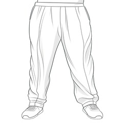 An illustration of a person wearing slacks and trainers. Design of sweatpants. Cargo pants and sneakers. Casual look. Knickers. Loose pants. Sports trousers with pockets. Track pants. Apparel design